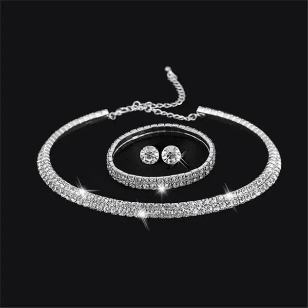 3 Piece Fashion Jewelry Rhinestone Crystal Choker Necklace Earrings and Bracelet Set