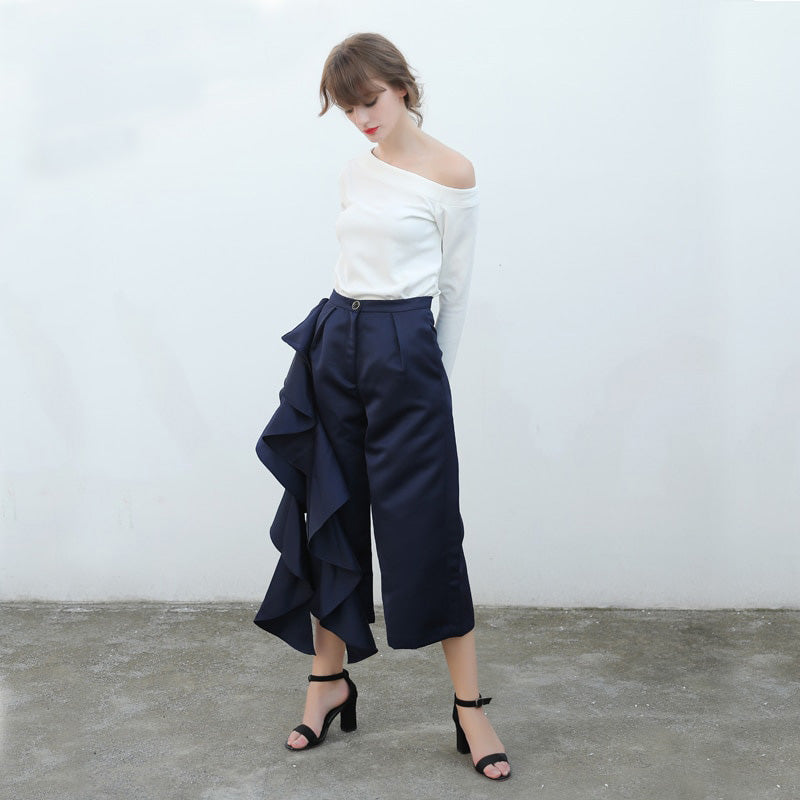 Women's High Waist Wide Leg Ruffle Trousers