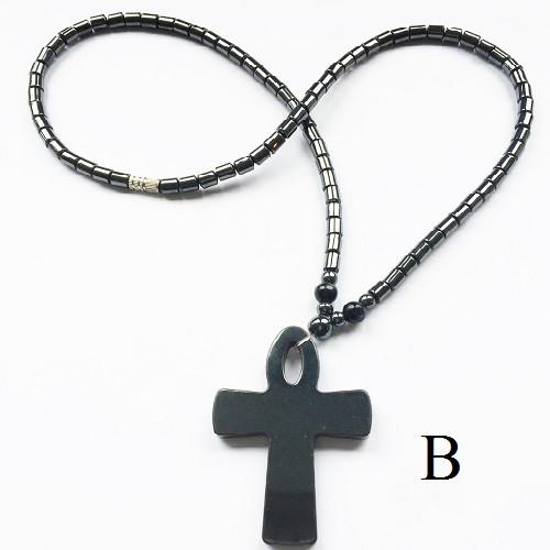 Black 18" Haematite Bead Cross Pendant Unisex Necklace - Scarlet Bloom