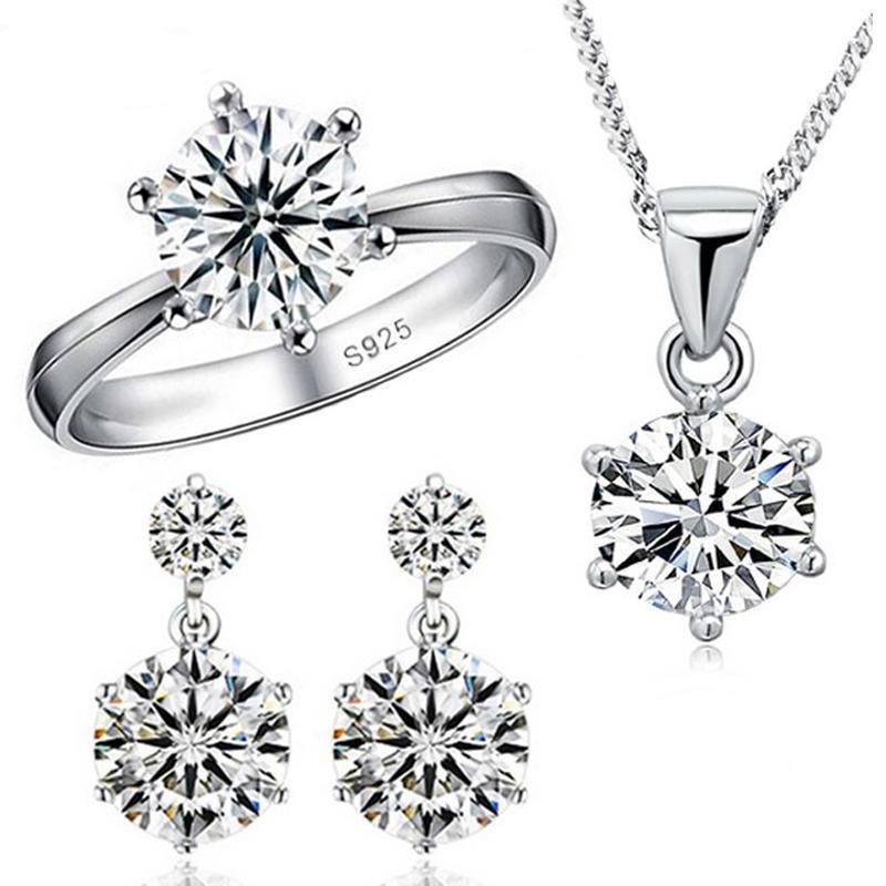 Real 925 Silver Diamond Ring Pendant Necklace Earrings Jewelry Set