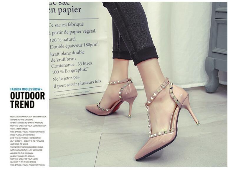 Women High Heel Pointed Toe Shoes with Buckle Rivets