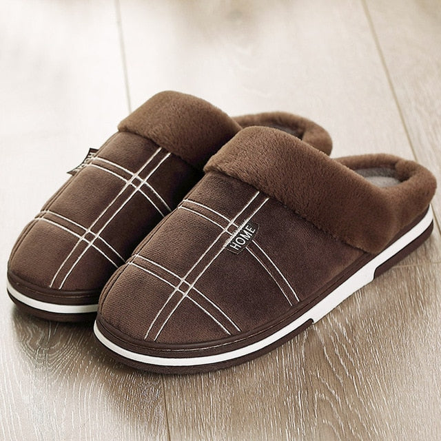 Men's Gingham Warm Fur Slippers Slippers Winter Big Size 45-50  for male Antiskid Suede Short Plush House shoes men Hot sale