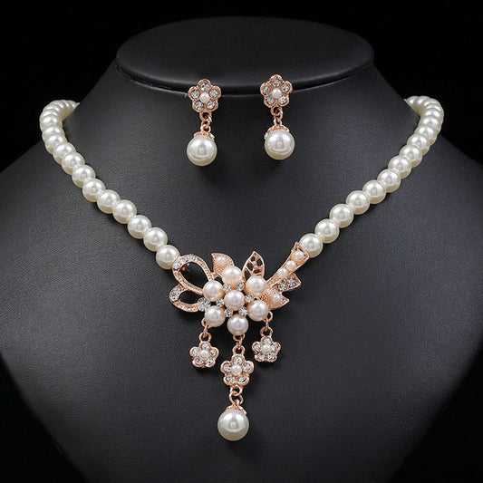 Women's Trendy Rhinestone Pearl Flower Pendant Necklace and Earrings Wedding Jewelry Set