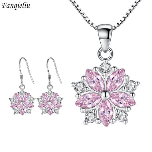 Fanqieliu Stamp 925 Silver Needle Vintage Flower Earrings and Crystal Pendant Necklace Jewelry Set for Women
