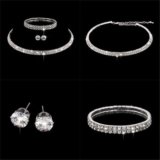 3 Piece Fashion Jewelry Rhinestone Crystal Choker Necklace Earrings and Bracelet Set