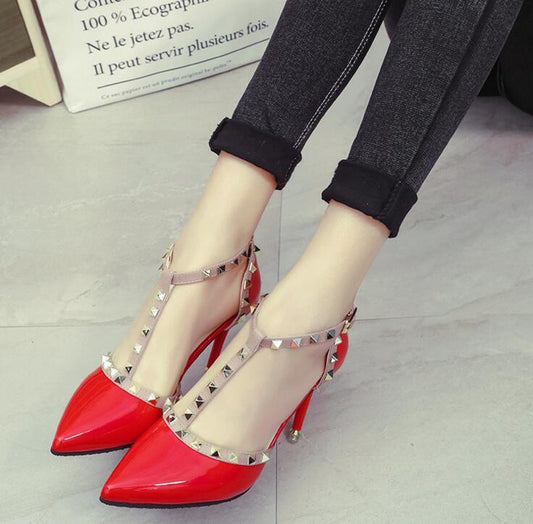 Women High Heel Pointed Toe Shoes with Buckle Rivets