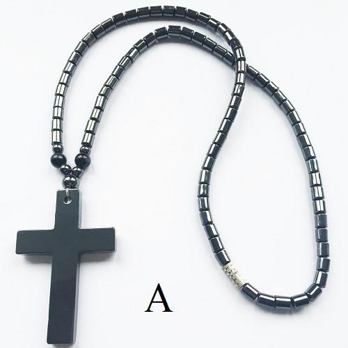 Black 18" Haematite Bead Cross Pendant Unisex Necklace - Scarlet Bloom