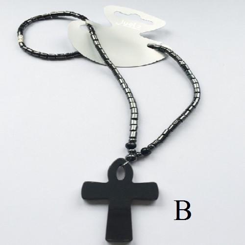 Black 18" Haematite Bead Cross Pendant Unisex Necklace - Scarlet Bloom
