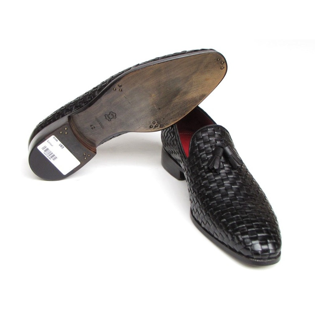 Paul Parkman Men's Tassel Loafer Black Woven Leather Shoes