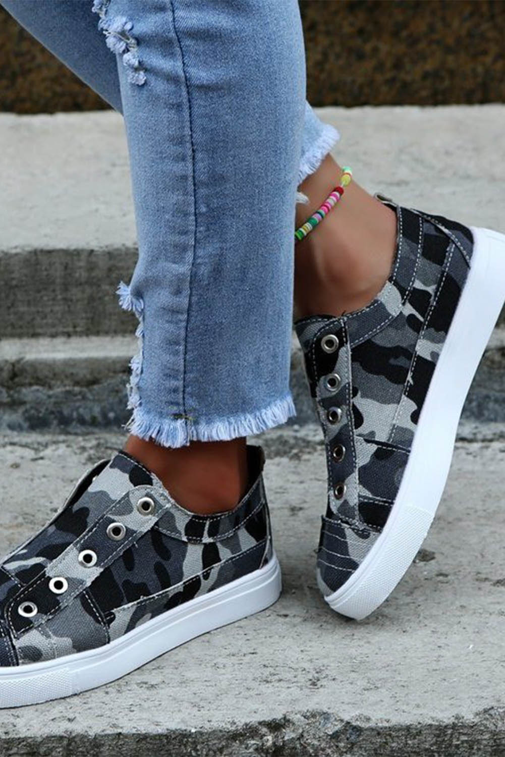 Grey Canvas Camo Distressed Women's Sneakers