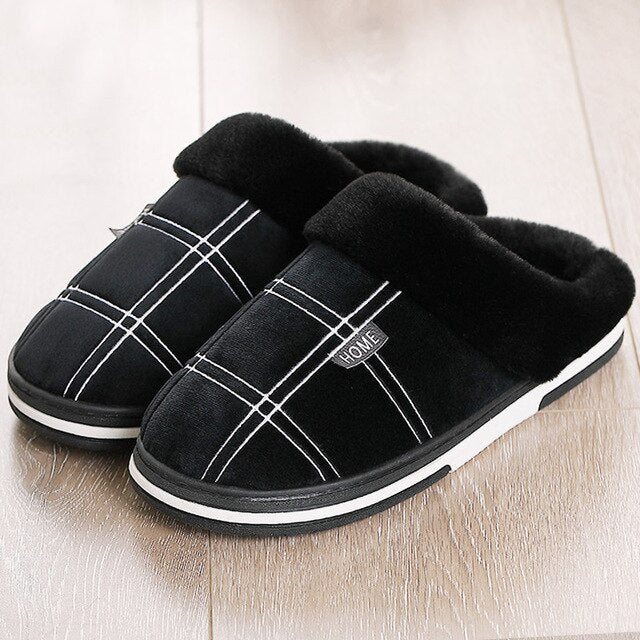 Men's Gingham Warm Fur Slippers Slippers Winter Big Size 45-50  for male Antiskid Suede Short Plush House shoes men Hot sale