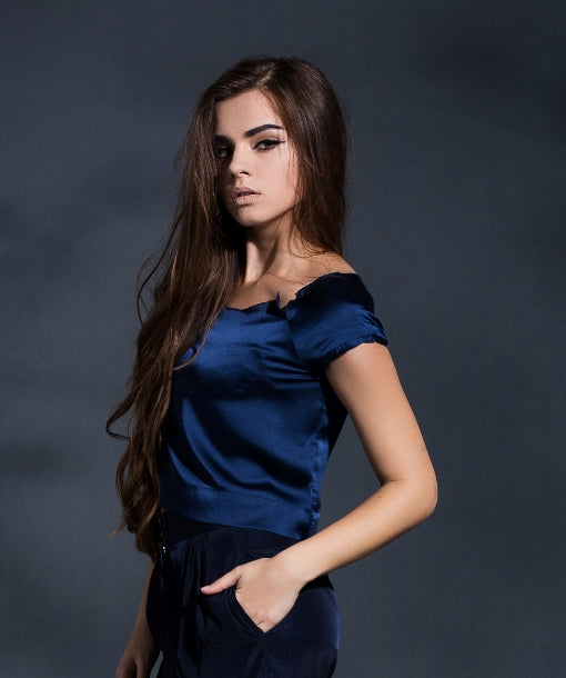 Reconstructed elegance cropped top in Navy Blue