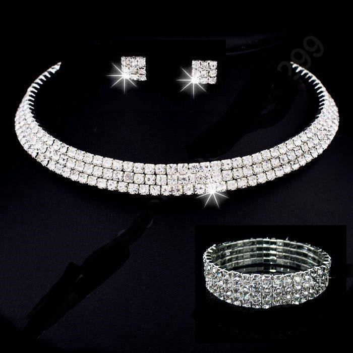 925 Sterling Silver Shining Rhinestone Crystal Collar Necklace Earring Bracelet Bridal Wedding and Engagement Jewelry Set