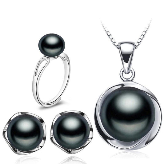 Real Natural Freshwater Pearl 925 Sterling Silver Necklace Earring  and Ring  Set