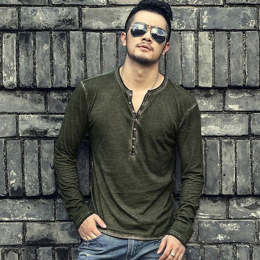 Brand Designer Men's Casual Cotton Vintage Henry Top
