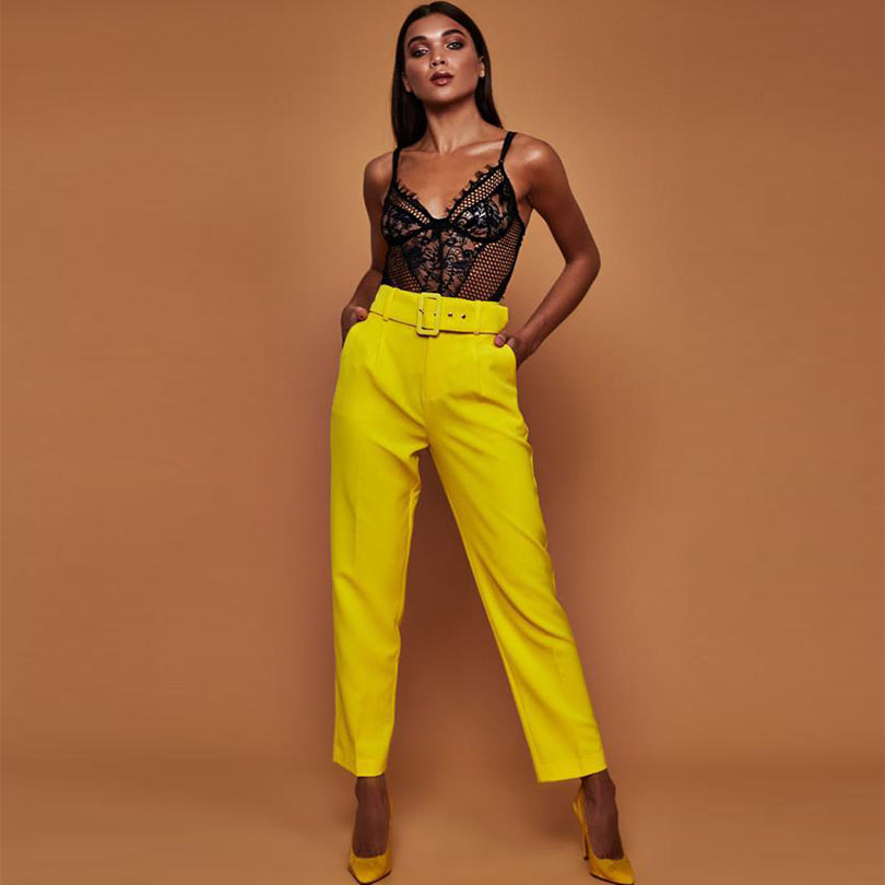 Zara high waisted belted yellow pants