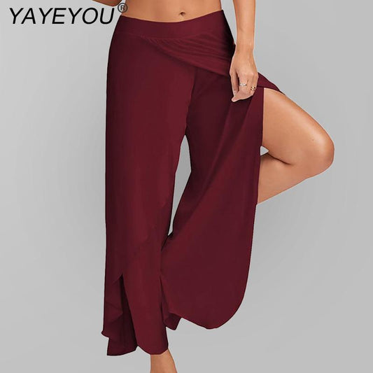 Women's Split Mid Waist Casual Beach Harem Trousers