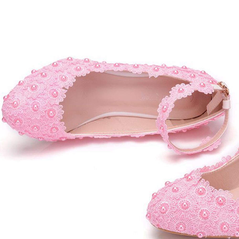 Women Lace Pearl Round Toe Shallow Mouth Shoes