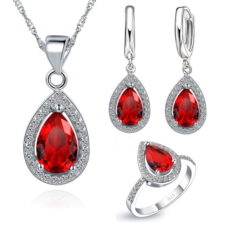 Red Crystal Wedding Water Drop Cubic Zirconia Stone 925 Sterling Silver Earrings Necklace and Finger Ring