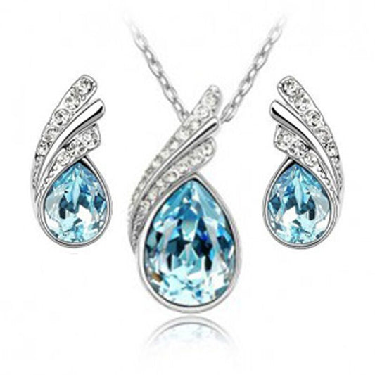 Women's Exquisite Water Drops Austria Crystal 925 Sterling Silver Necklace and Earrings Jewelry Set