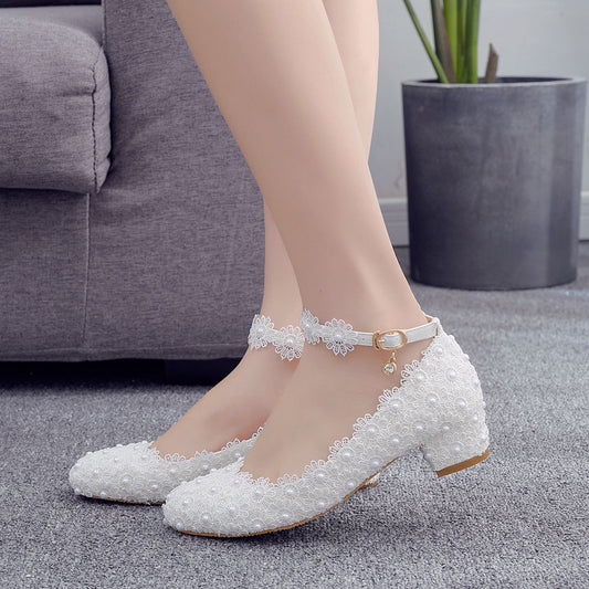 Women Lace Pearl Round Toe Shallow Mouth Shoes