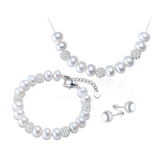 Dainashi New Design Natural Freshwater Pearl Necklace, Bracelet and Earrings Wedding Jewelry Set for Women with 925 Sterling Silver