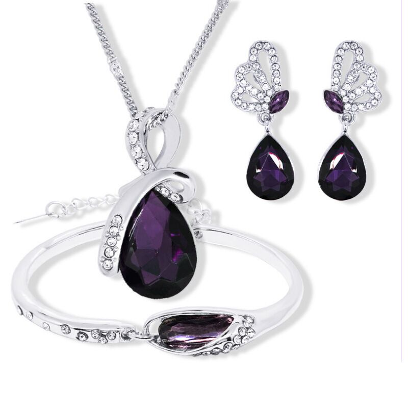 925 Sterling Silver Cubic Zirconia Drops Purple Fashion Necklace Pendant Earrings and Bracelet Set