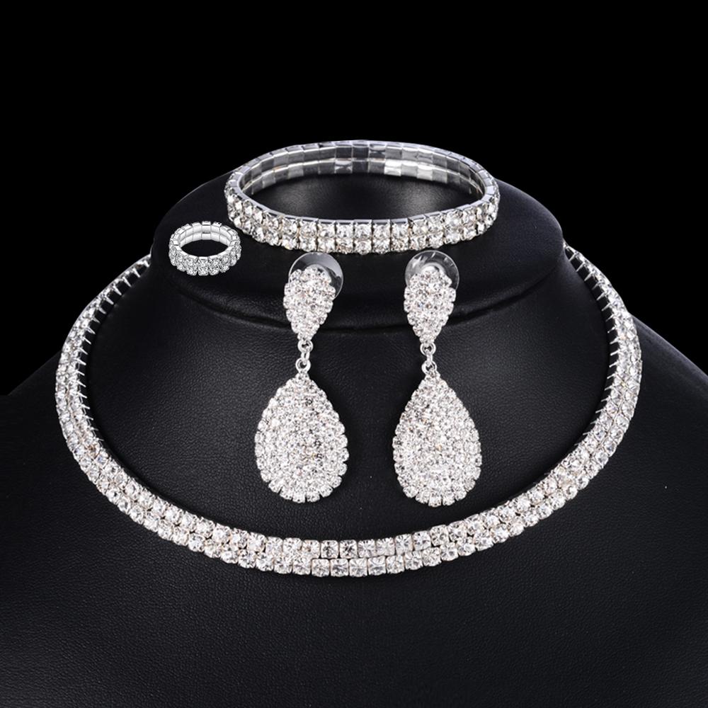 Women's Silver Color Rhinestone Earrings Bracelet Ring and Layered Choker Necklace Jewelry Set