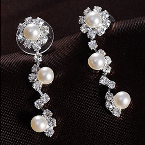Faux Pearl Clear Austrian Rhinestone Choker Necklace Earrings Jewelry Set for Women