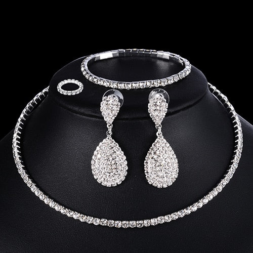 Women's Silver Color Rhinestone Earrings Bracelet Ring and Layered Choker Necklace Jewelry Set