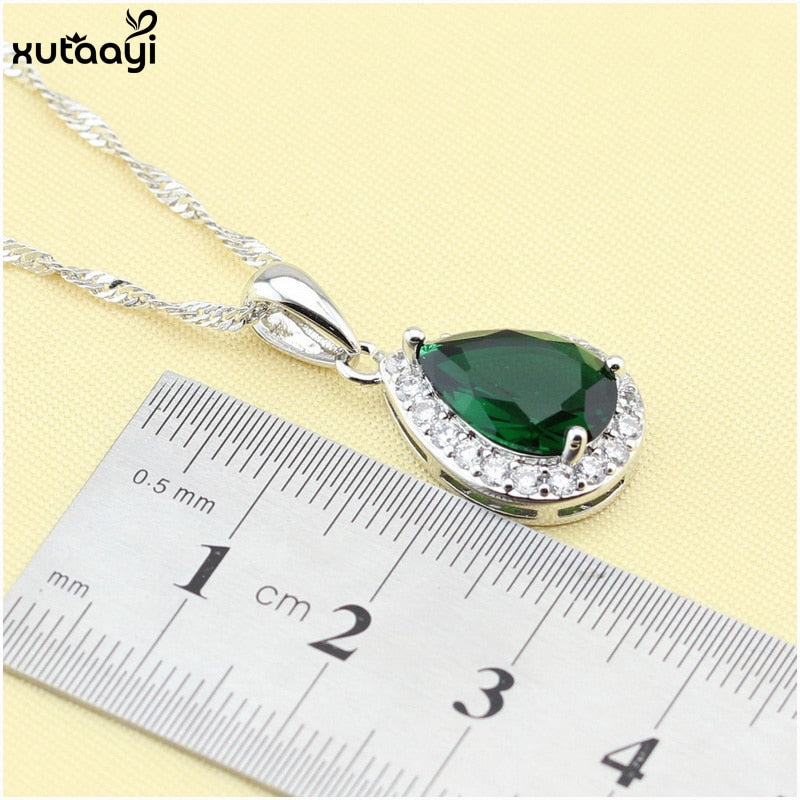 Top Quality 925 Silver Green Imitated Emerald Fancy Necklace Ring Earrings and Bracelet Wedding Jewelry Set
