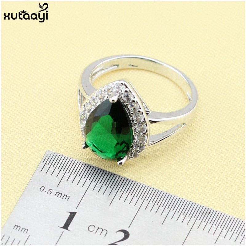 Top Quality 925 Silver Green Imitated Emerald Fancy Necklace Ring Earrings and Bracelet Wedding Jewelry Set