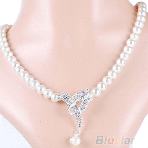 Faux Pearl Crystal Choker Women Necklace and Earrings Jewelry Set