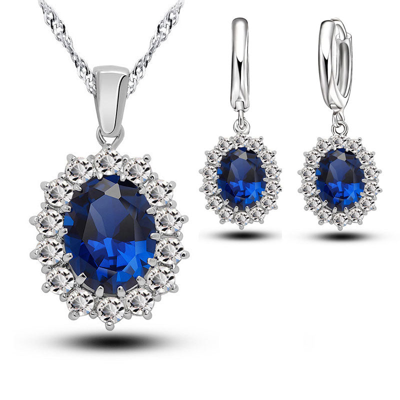 Women's Crystal 925 Sterling Silver Blue Cubic Zircon Earrings and Pendant Necklace Jewelry Set