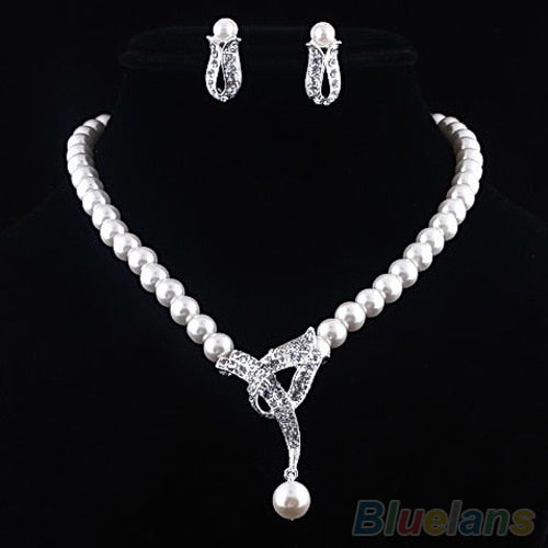 Faux Pearl Crystal Choker Women Necklace and Earrings Jewelry Set