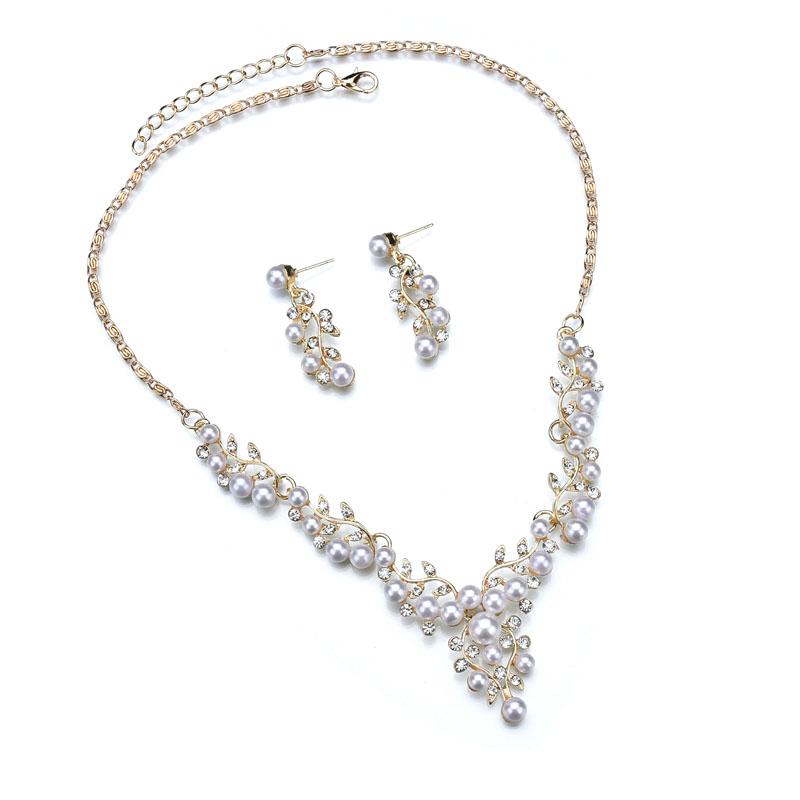 Ladies Wedding Pearl Rhinestone Leaf Necklace & Earring set