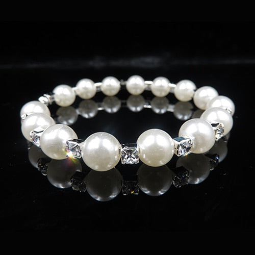 Fashion Wedding Pearl Silver Color Crystal Bracelet Necklace and Earrings Jewellery Set for Women