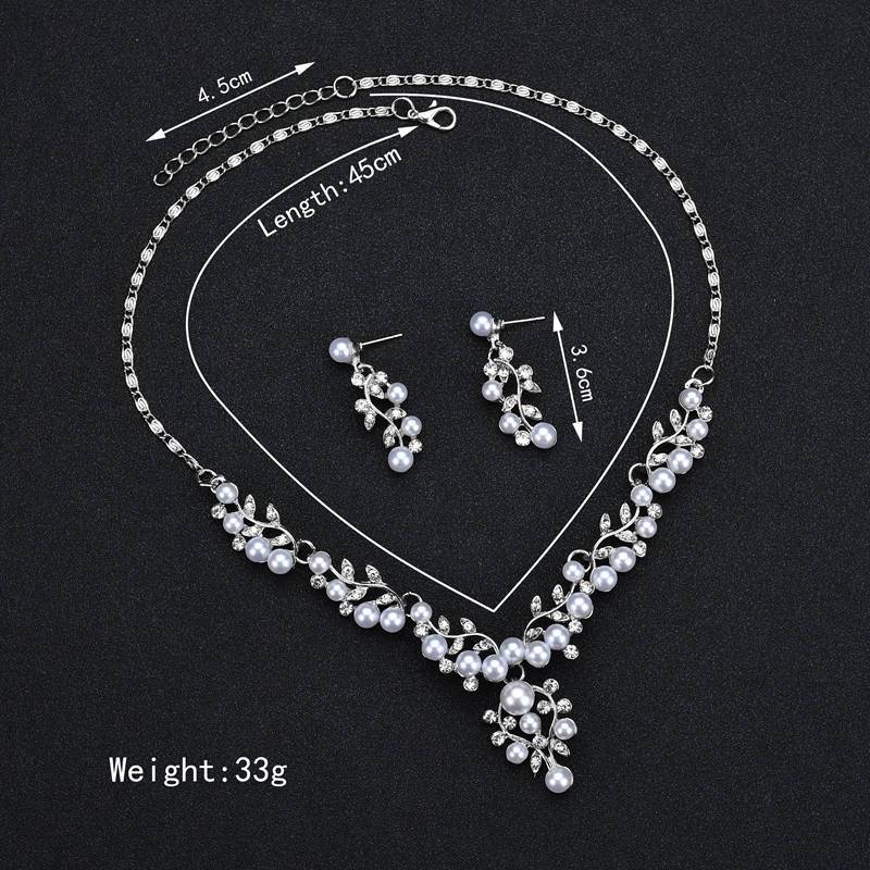 Ladies Wedding Pearl Rhinestone Leaf Necklace & Earring set