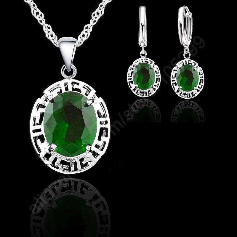 Women's Fashion 925 Sterling Silver Green Crystal Rhinestone Necklace and Earrings Jewelry Set