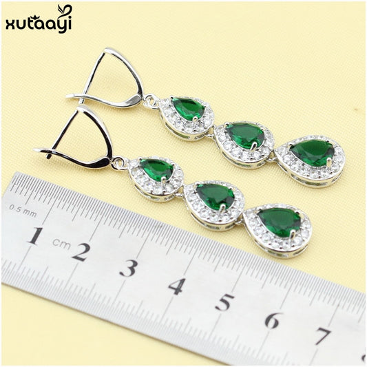 Top Quality 925 Silver Green Imitated Emerald Fancy Necklace Ring Earrings and Bracelet Wedding Jewelry Set