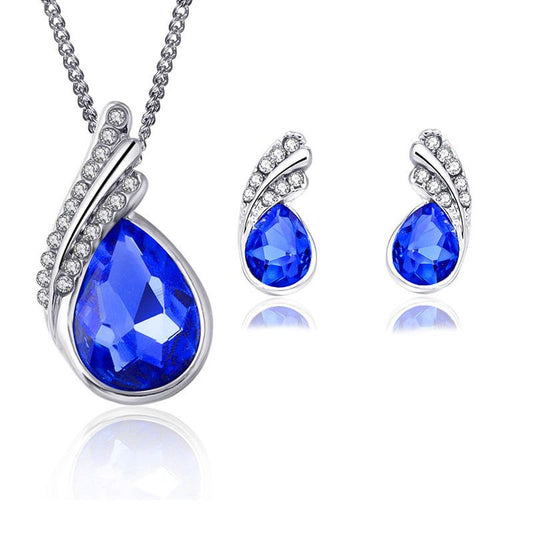 Women's Exquisite Water Drops Austria Crystal 925 Sterling Silver Necklace and Earrings Jewelry Set