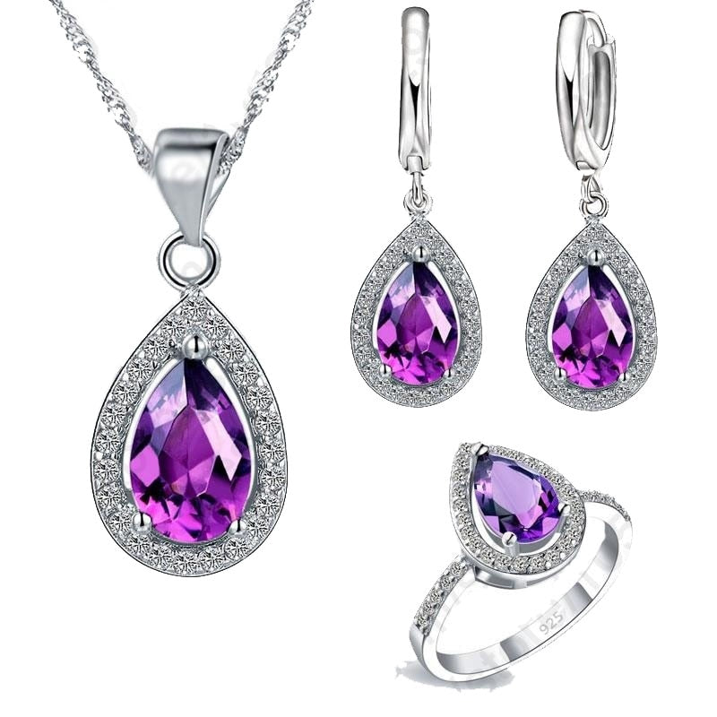 Red Crystal Wedding Water Drop Cubic Zirconia Stone 925 Sterling Silver Earrings Necklace and Finger Ring