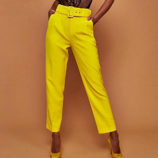 Ladies High Waist Belted Straight Leg Slacks Trousers