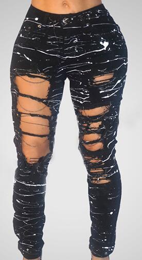 Mid-waist Hole Chain Stretched Jeans