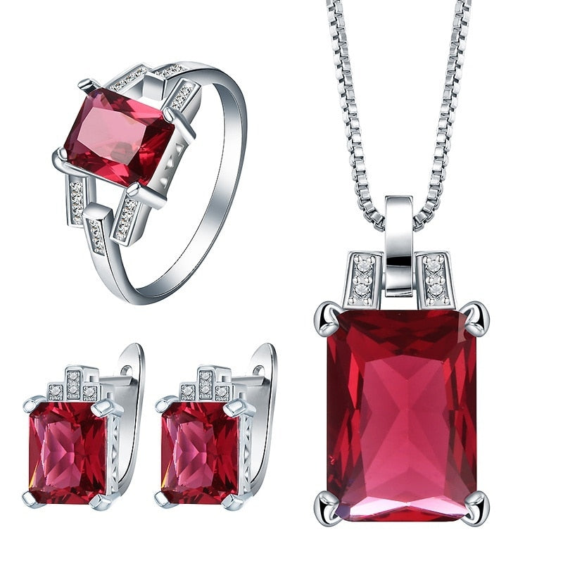 Yongman Women's 925 Sterling Silver Ruby Zircon Gemstone Earrings Ring and Pendant Necklace Square Style Jewelry Set