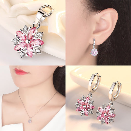 Fanqieliu Stamp 925 Silver Needle Vintage Flower Earrings and Crystal Pendant Necklace Jewelry Set for Women