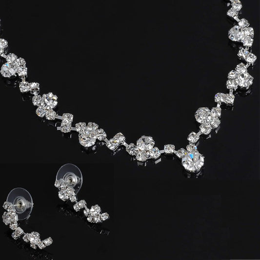 Bridal Rhinestone Silver Tone Tennis Choker Necklace and Earrings Jewellery Set