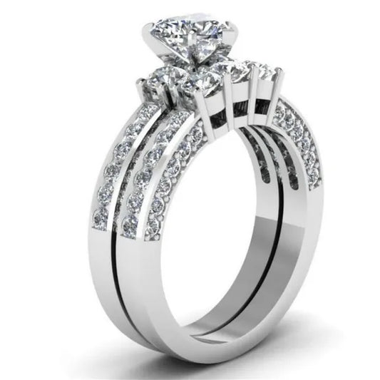 Women's 925 Sterling Silver Diamond Heart Bridal Wedding Engagement Ring Set