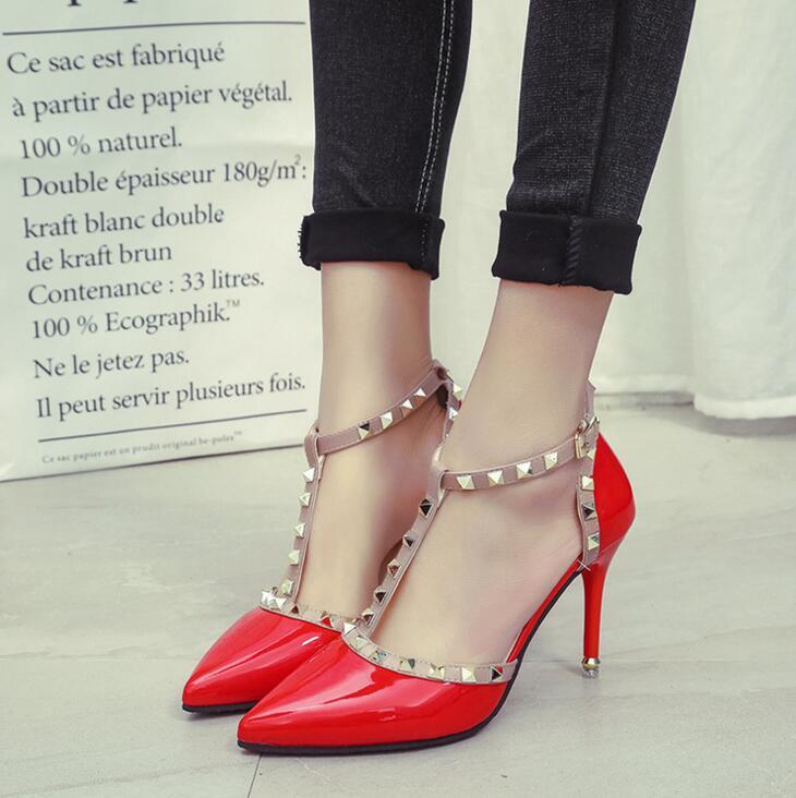 Women High Heel Pointed Toe Shoes with Buckle Rivets