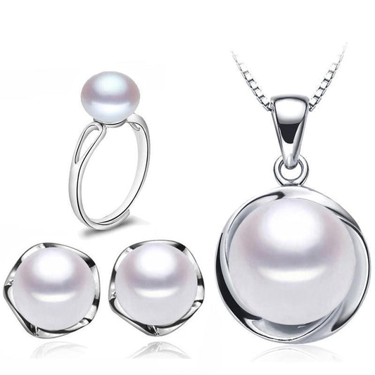 Real Natural Freshwater Pearl 925 Sterling Silver Necklace Earring and Ring Set